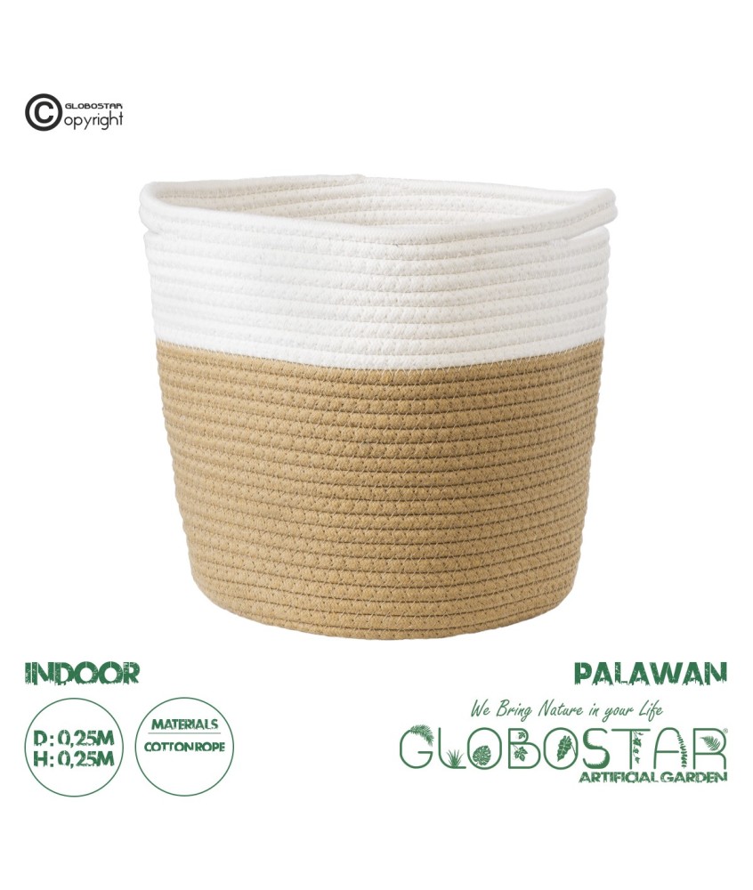 GloboStar® Artificial Garden PALAWAN 20203 Διακοσμητικό Πλεκτό Καλάθι - Κασπώ Γλάστρα - Flower Pot  Μπεζ με Λευκό Π25cm x Υ25cm